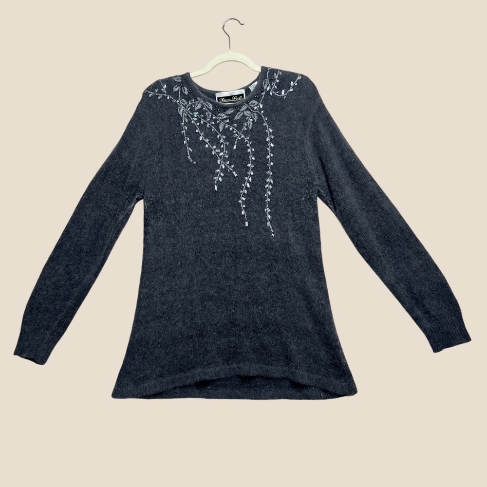 Dana Scott Vintage 80s 90s Angora Silk Blend Beaded Embroidered Sweater Gray L